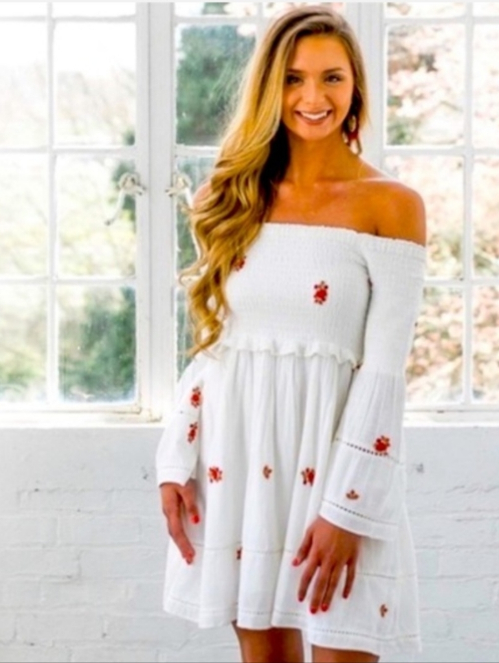 Free People White Off-Shoulder Dress with Red Floral Embroidery > NWT